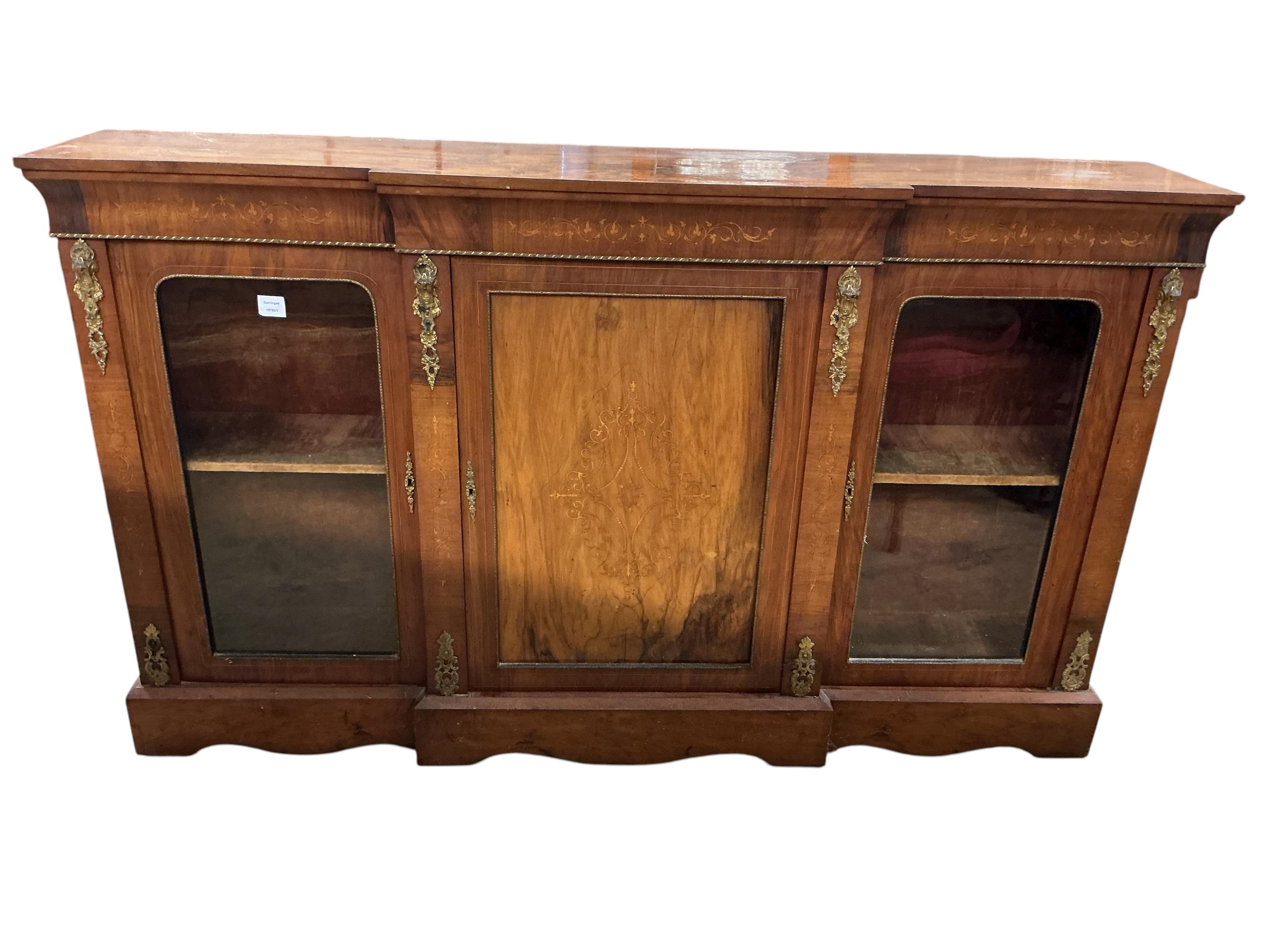 A Victorian inlaid gilt metal mounted breakfront side cabinet, width 176cm, depth 34cm, height 105cm